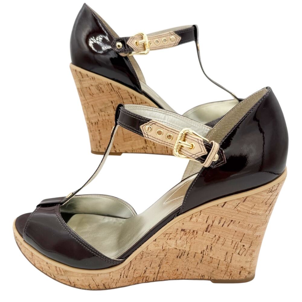 Guess Platform Cork Wedge Strappy Sandal Heels in Brown Patent Leather Size 10 - Picture 7 of 10
